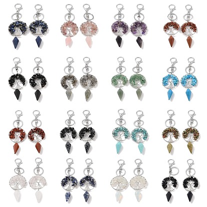 Natural & Synthetic Gemstone Keychain, with Platinum Brass & Iron Findings, Long-Lasting Plated, Lead Free & Cadmium Free, Flat Round with Tree of Life