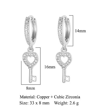 Brass Micro Pave Clear Cubic Zirconia Hoop Earrings, Key Dangle Earrings for Women