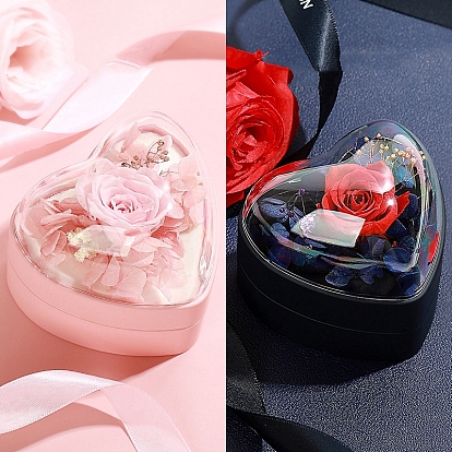 Heart with Rose Acrylic Finger Ring Boxes, Jewelry Ring Gift Flip Cover Case with Velvet Inside, for Wedding Engagement
