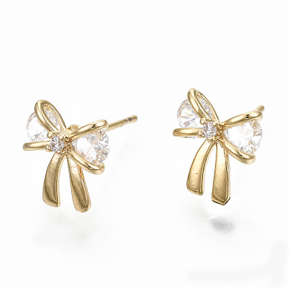 Brass Stud Earrings, with Clear Cubic Zirconia, Nickel Free, Bowknot