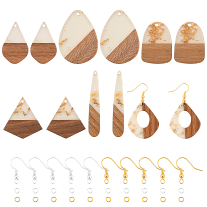 Kits de fabricación de pendientes colgantes de bricolaje, incluyendo colgantes de resina y madera de nogal, Ganchos del pendientes de latón, anillos de cobre amarillo del salto, formas mixtas