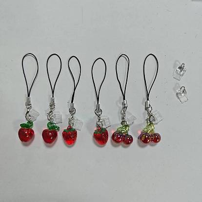 6pcs 3 styles sangles mobiles en acrylique et résine avec breloque fraise et cerise, avec 2pcs bouchons anti-poussière mobiles en pvc