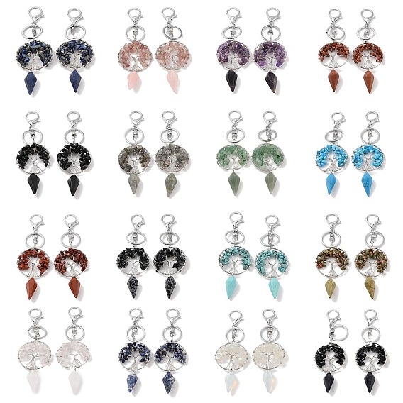 Natural & Synthetic Gemstone Keychain, with Platinum Brass & Iron Findings, Long-Lasting Plated, Lead Free & Cadmium Free, Flat Round with Tree of Life