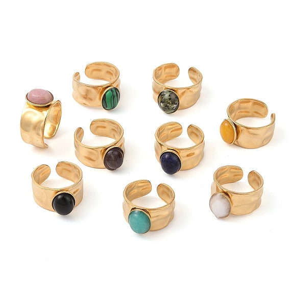 Овальные кольца на палец из натуральных драгоценных камней, ионное покрытие (ip) 304 манжеты из нержавеющей стали с широкими полосами для женщин, пайки, реальный 14 k позолоченный