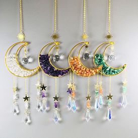 Gemstone Chip & Metal Moon Hanging Ornaments, Glass Cone Tassel Suncatchers for Home Outdoor Decoration