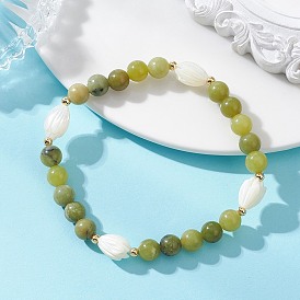 Эластичные браслеты из натурального китайского/южного нефрита и раковины трохида/трохуса для женщин., круглый и цветочный
