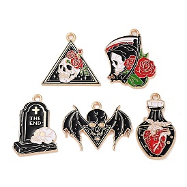 Halloween Alloy Enamel Pendants, Golden, Tombstone/Bat/Bottle/Skull/Triangle Charm