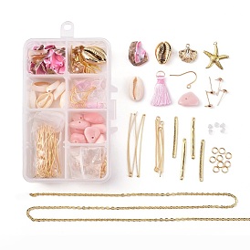 Tema oceánico, diy pendiente haciendo, con aretes de hierro y ganchos para aretes y cadenas de cable y anillos de salto, eslabones de barra de aleación y colgantes, Cuentas de concha, Colgantes de latón, colgantes de la borla