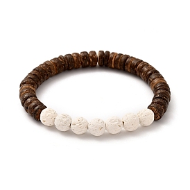 Stretch Bracelets, with Round Natural Lava Rock(Dyed) Beads and Rondelle Natural Coconut Beads