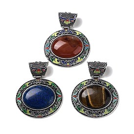 Gemstone Pendants, with Antique Silver Tone Alloy Findings and Enamel, Oval
