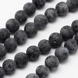  Natural Larvikite/Black Labradorite Beads Strands, Frosted, Round