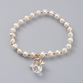 Charm Bracelets, with Natural Freshwater Pearl, Real 18K Gold Plated Brass Findings and Golden Plated Alloy Glass Pendants, Angel