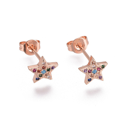 Brass Micro Pave Cubic Zirconia Stud Earrings, with Brass Ear Nuts, Star