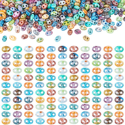 300 pièces de perles de verre Picasso, 2-trou, ovale