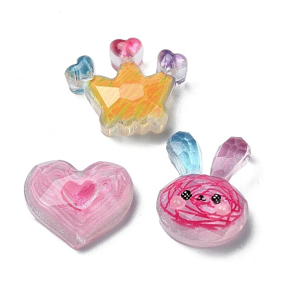 Cabochons décodés en résine époxy transparente coeur/couronne/lapin, avec de la poudre de paillettes