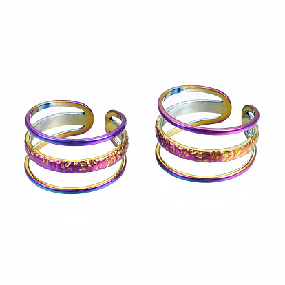 Hollow 3 Line Cuff Rings, Rainbow Color 304 Stainless Steel Wide Open Rings for Women
