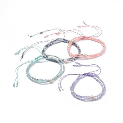 Braided Beaded Bracelets, with Glass Seed Beads, Pearl Bead and Burlap Bags