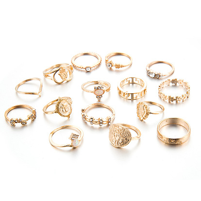 Love Stone Buddha Coin Geometric Diamond Joint Ring Set for Women - 15 Pieces