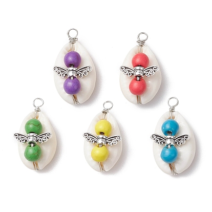 Подвески в виде ангела из натуральной ракушки каури и круглой окрашенной синтетической бирюзы, с медной проволокой и крыльями из сплава, старинное серебро и платина