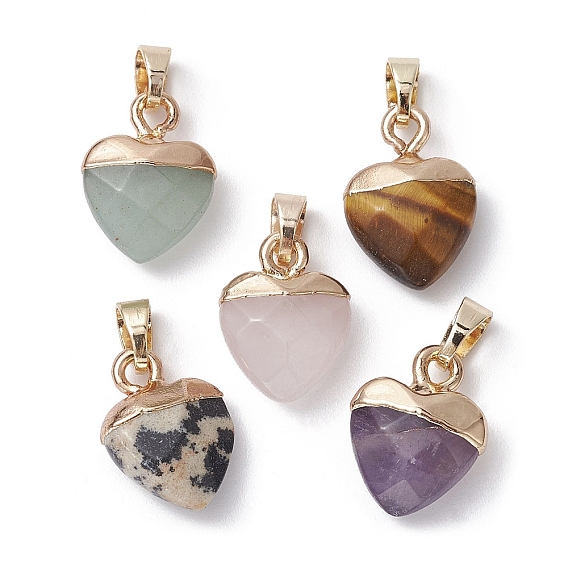 Natural Mixed Gemstone Faceted Heart Charms with Golden Tone Brass Snap on Bails