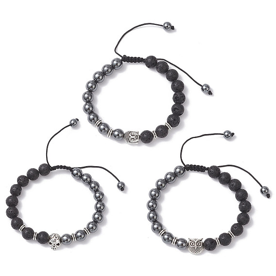 Браслеты из плетеных бусин из немагнитного синтетического гематита и натуральной лавы, Бисерные украшения из сплава в тибетском стиле для унисекс