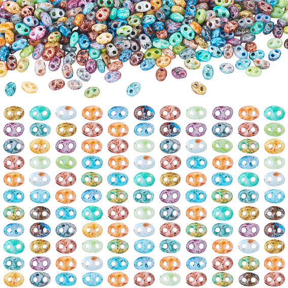 300Pcs Picasso Glass Seed Beads, 2-Hole, Oval