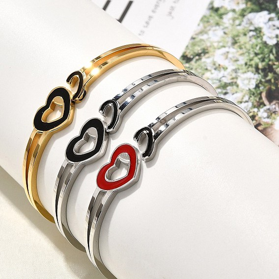 304 женские шарнирные браслеты из нержавеющей стали, с эмалью, сердце