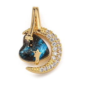 Rack Plating Brass Micro Pave Cubic Zirconia Pendants, with Resin, Long-Lasting Plated, Moon & Heart