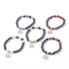 Tibetan Style Filigree Alloy Charm Bracelets, with Natural Gemstone Beads, Non-Magnetic Synthetic Hematite Beads and Wood Beads