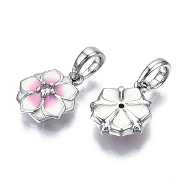 Brass Micro Pave Clear Cubic Zirconia Charms, with Enamel, Flower, White & Pink