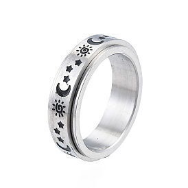 Sun Moon Star 201 Stainless Steel Rotating Finger Ring, Calming Worry Meditation Jewelry for Women