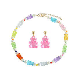 Cute Gummi Bear Jewelry Set in Candy Colors with Beaded Necklace and Collarbone Chain