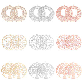 36шт 9 стиль стойка покрытие латунные филигранные подвески, долговечный, плоский круглый с деревом жизни и цветком, без никеля 