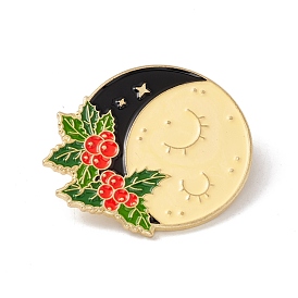 Moon with Holly Leaves Enamel Pin, Christmas Alloy Badge for Backpack Clothes, Golden