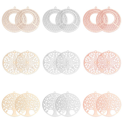 36шт 9 стиль стойка покрытие латунные филигранные подвески, долговечный, плоский круглый с деревом жизни и цветком, без никеля 