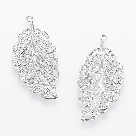 304 Stainless Steel Pendants, Hollow, Leaf