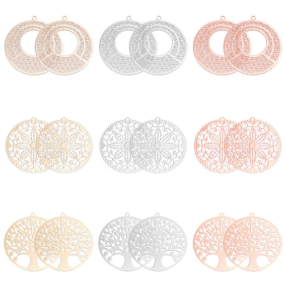 36шт 9 стиль стойка покрытие латунные филигранные подвески, долговечный, плоский круглый с деревом жизни и цветком, без никеля 