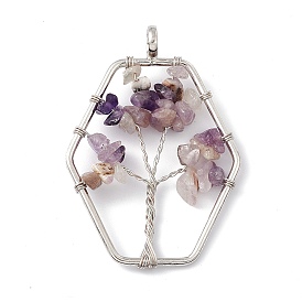 Hexagon Natural Amethyst Copper Wire Wrapped Chip Big Pendants, Tree of Life Charm, with Platinum Tone Iron Findings