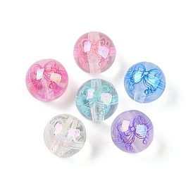 UV Plating Transparent Acrylic Beads, Round with Flower