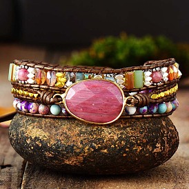 Bracelet femme perles multicouches bohème fait main - motif rouge pierre naturelle