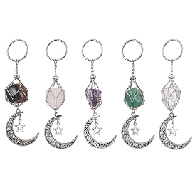 Nuggets Natural Gemstone Keychains, with Brass Macrame Pouch Stone Holder and Alloy Moon Pendant