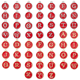 Golden & Platinum Plated Alloy Enamel Charms, Enamelled Sequins, Flat Round with Letter A~Z, Dark Red
