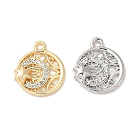 Brass Micro Pave Cubic Zirconia Charms, Flat Round with Moon & Star