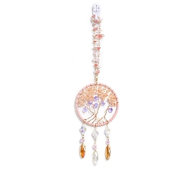Copeaux de quartz rose naturel ronds plats avec décorations pendentif arbre de vie, avec oeil de cheval en verre/coeur/perle de fleur, Pour la maison, ornements d'intérieur de voiture