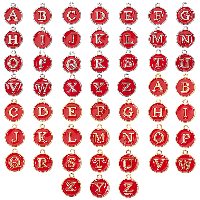 Gold & Platin plattierte Legierung Emaille Charms, emaillierte Pailletten, flach rund mit Buchstabe a ~ z, dunkelrot