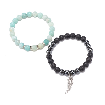2Pcs 2 Style Natural Amazonite & Lava Rock & Synthetic Hematite Stretch Bracelets Set with Alloy Wing Charm, Essential Oil Gemstone Jewelry for Women