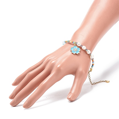 Alloy Enamel Sakura Charm Bracelet, Natural Pearl & Seed Beaded Bracelet for Women