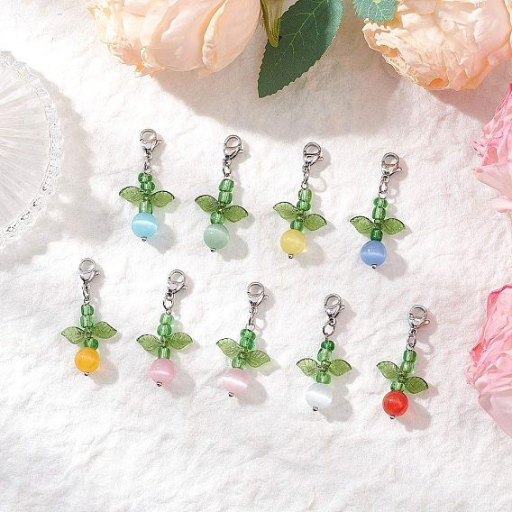 9 шт. круглые подвески кошачий глаз украшения, с прозрачным акрилом в форме листа и 304 застежками-карабинами из нержавеющей стали