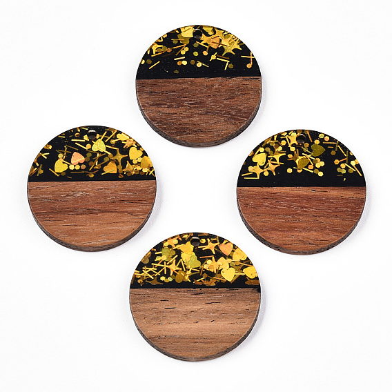 Opaque Resin & Walnut Wood Pendants, Flat Round Charms with Paillettes