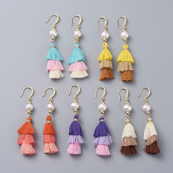 Polycotton Tassel Dangle Earrings, with Natural Cultured Freshwater Pearl Beads and  Brass Earring Hooks